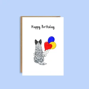 Hand illustrated Australian Cattle Dog birthday card for dog lovers